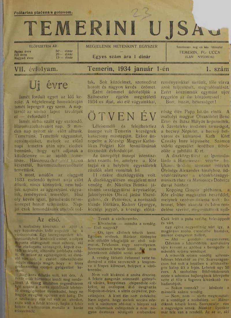 Temerini Újság 1928-1944, 7. évf. 1934. január 1. 1. sz.