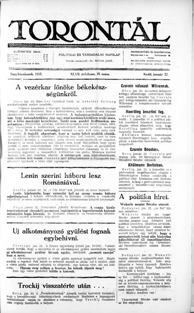 Torontál, 47. évf. 1918. január 22. 18. sz.