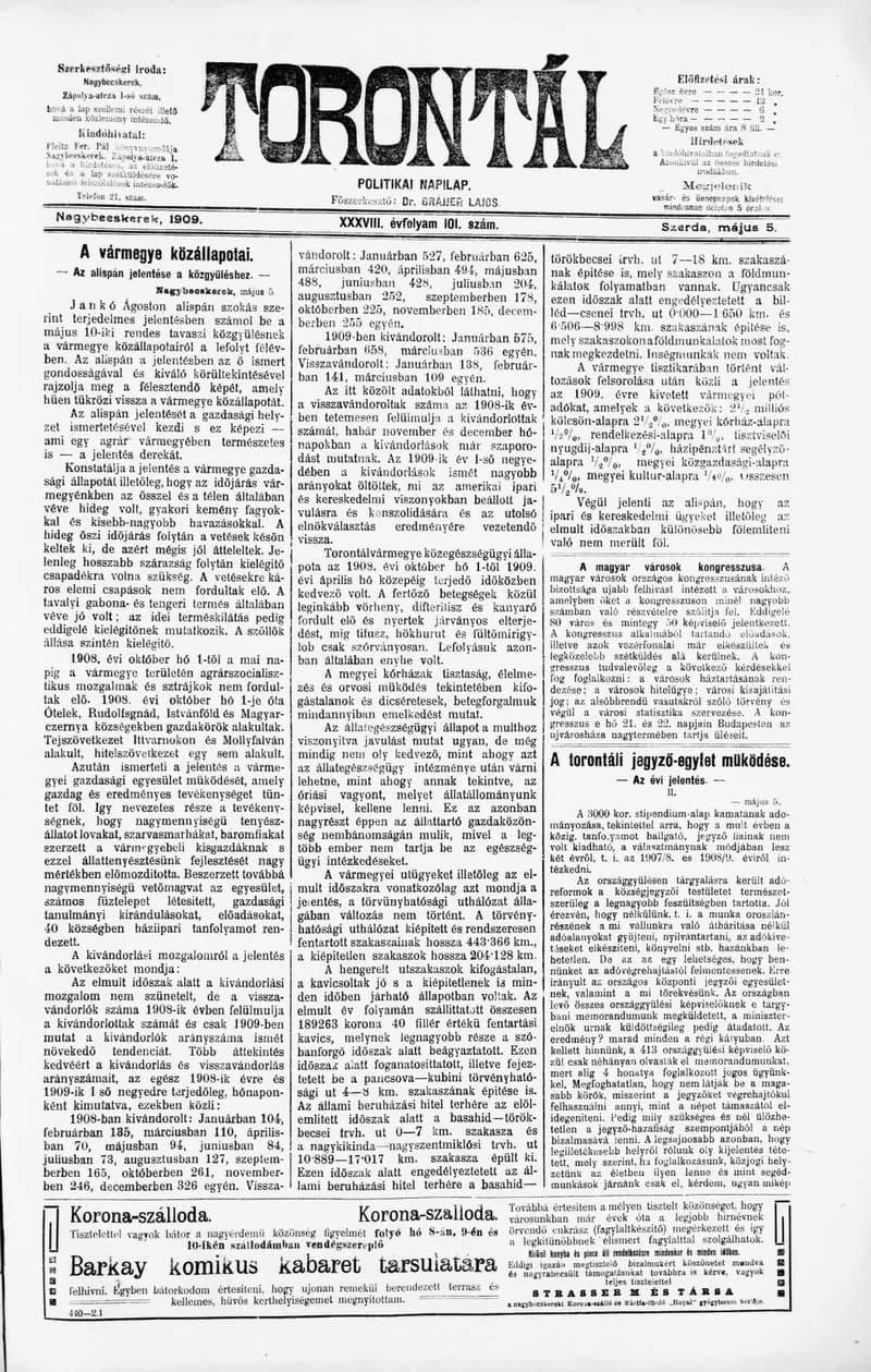 Torontál, 38. évf. 1909. május 5. 101. sz.