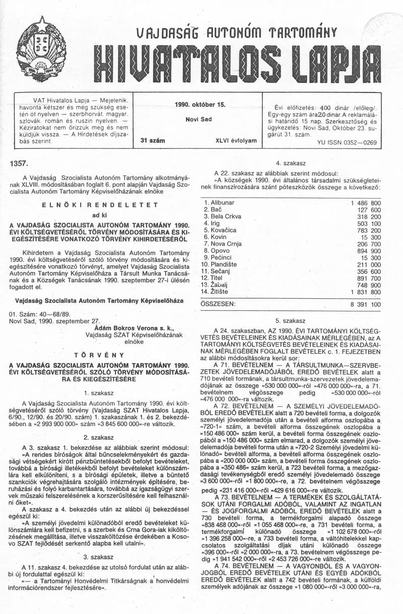 Vajdaság Szocialista Autonóm Tartomány Hivatalos Lapja, 46. évf. 1990. október 15. 31. sz.
