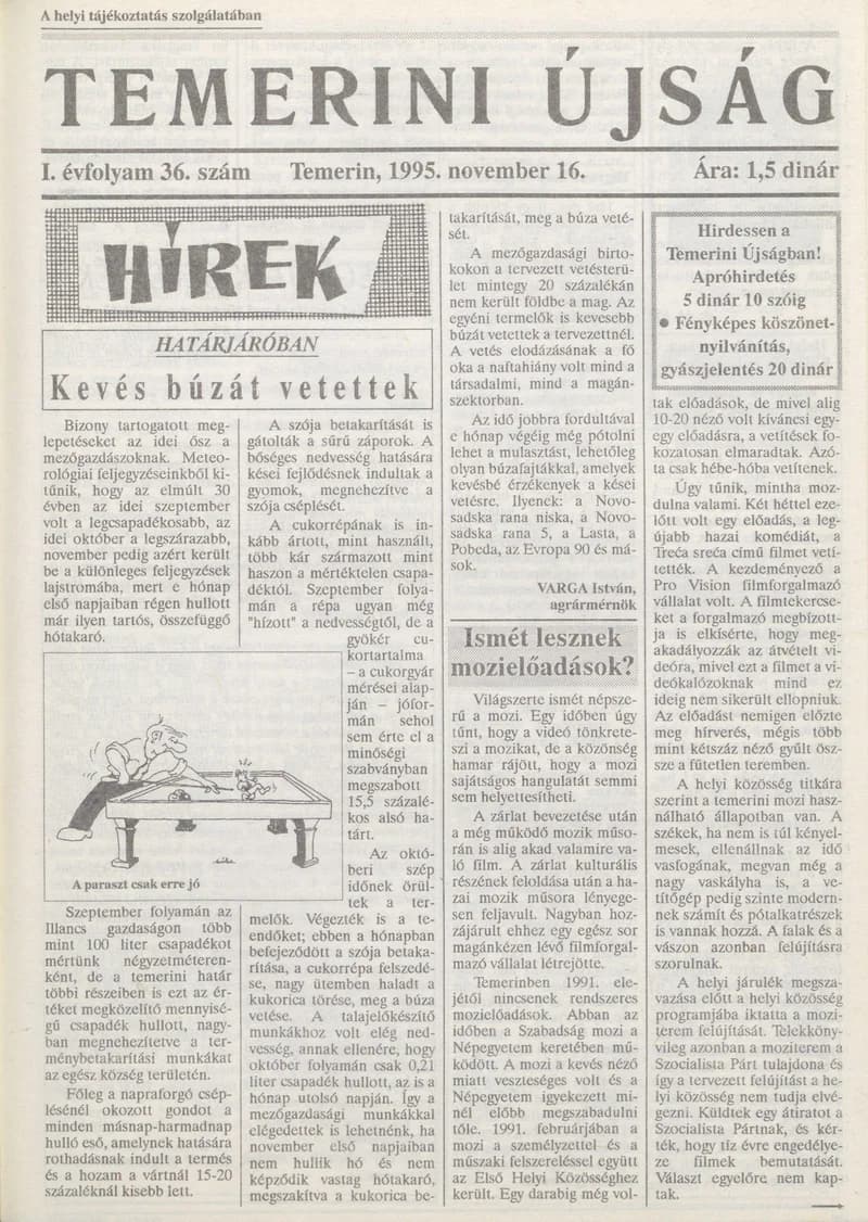 Temerini Újság, 1. évf. 1995. november 16. 36. sz.