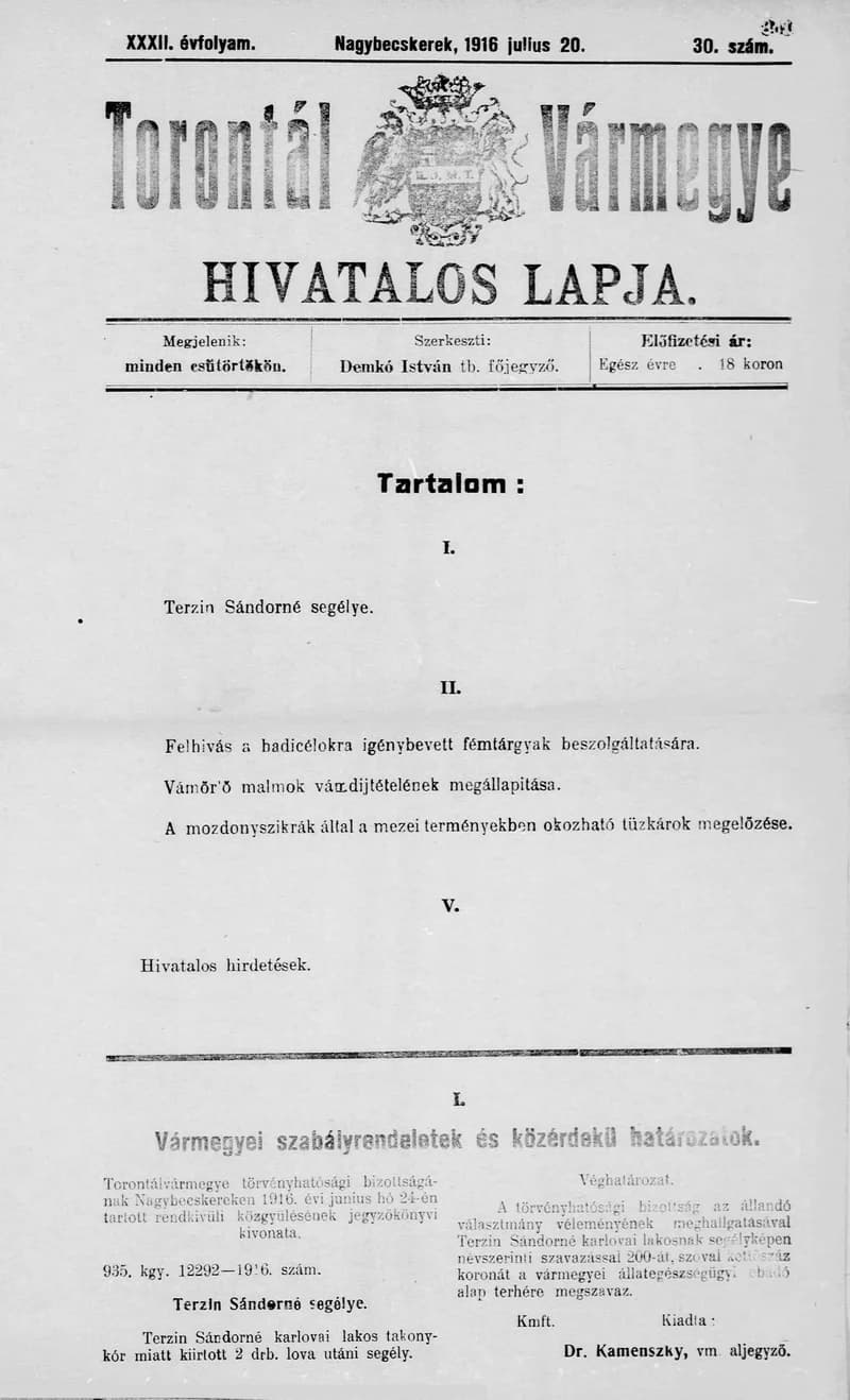 Torontál Vármegye Hivatalos Lapja, 32. évf. 1916. július 20. 30. sz.