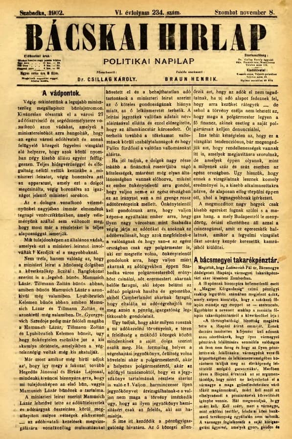 Bácskai Hirlap, 6. évf. 1902. november 8. 234. sz.
