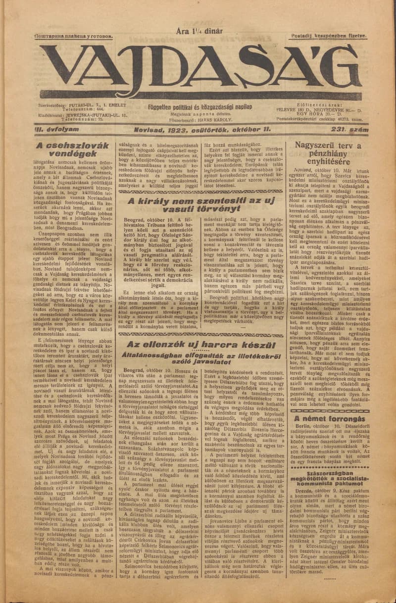 Vajdaság, 3. évf. 1923. október 11. 231. sz.