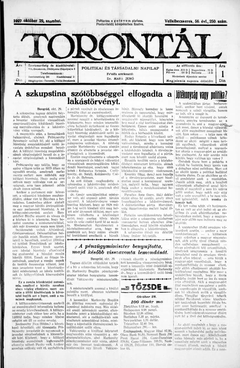 Torontál, 56. évf. 1927. október 29. 250. sz.