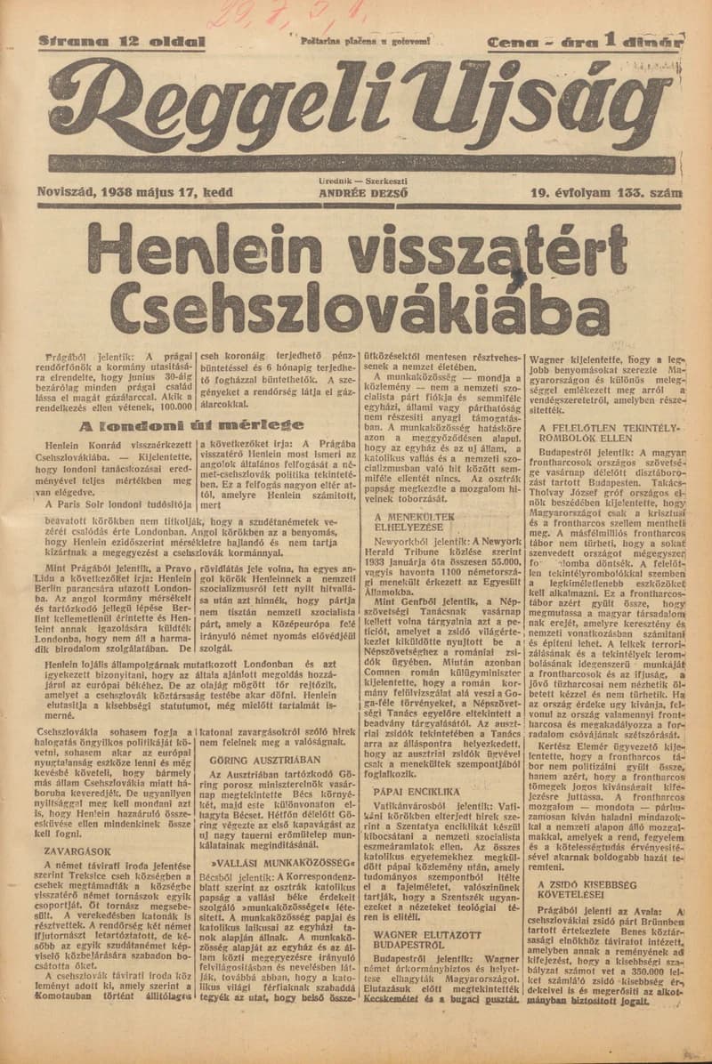 Reggeli Újság, 19. évf. 1938. május 17. 133. sz.