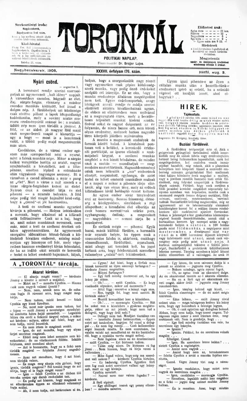 Torontál, 37. évf. 1908. augusztus 3. 176. sz.