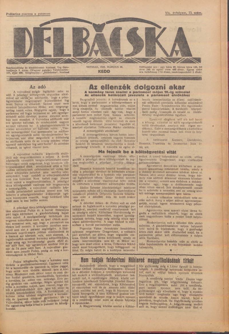 Délbácska, 7. évf. 1926. március 30. 73. sz.