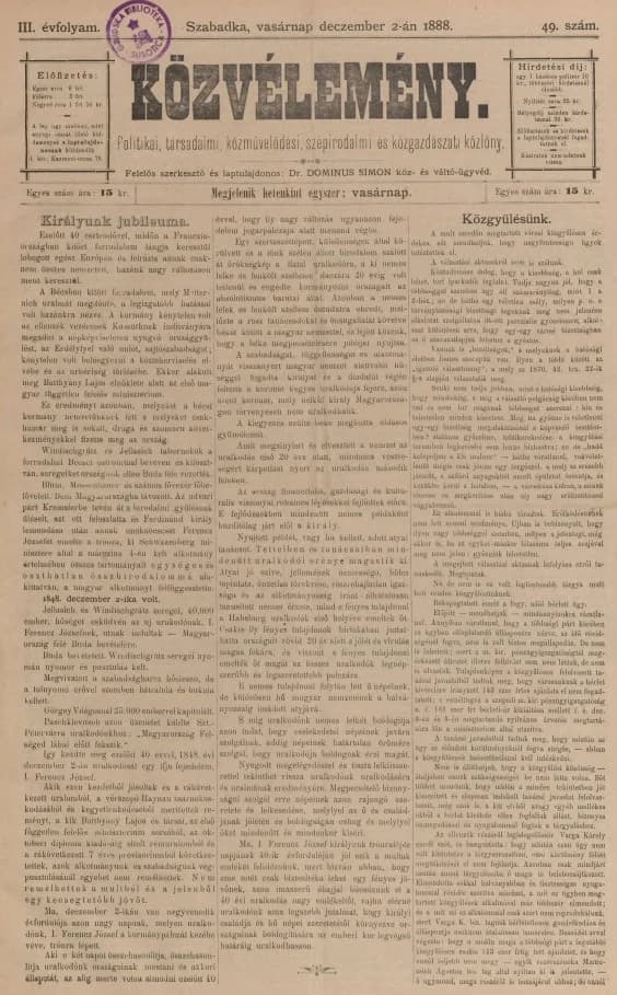Közvélemény, 3. évf. 1888. december 2. 49. sz.