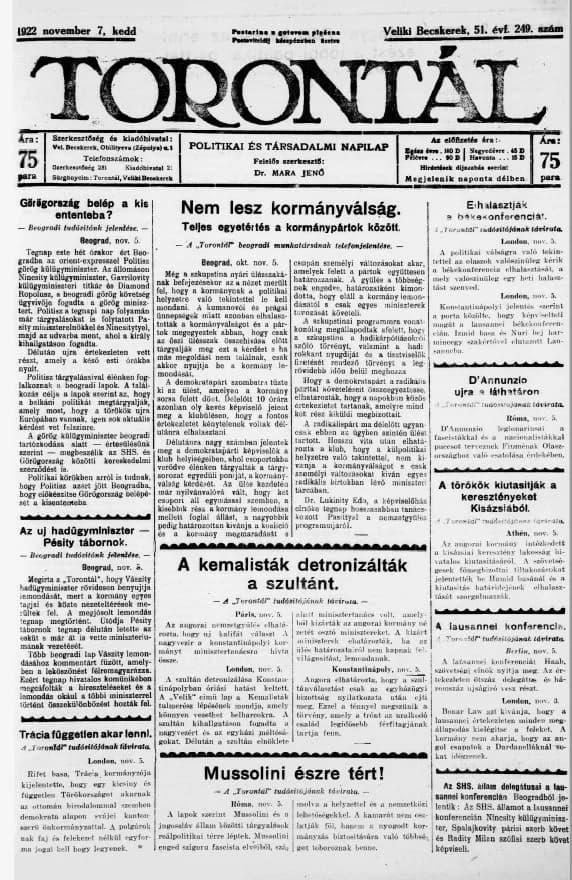 Torontál, 51. évf. 1922. november 7. 249. sz.