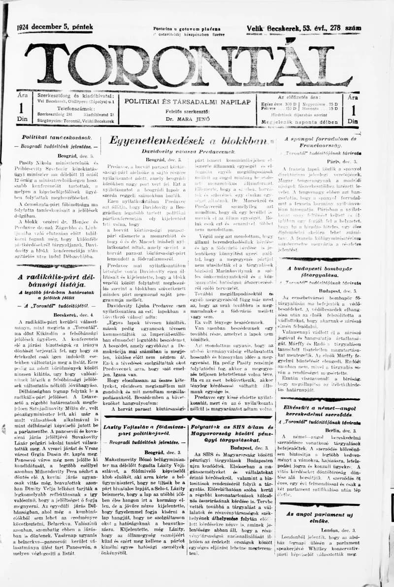 Torontál, 53. évf. 1924. december 5. 278. sz.
