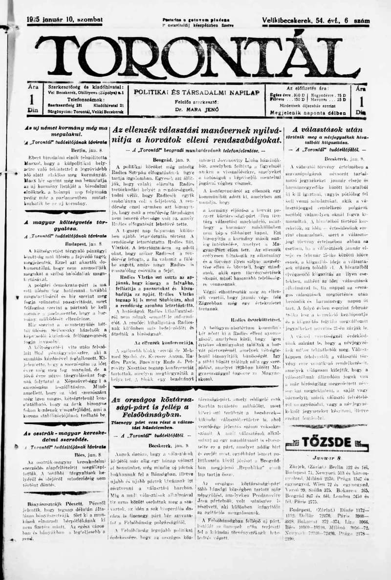 Torontál, 54. évf. 1925. január 10. 6. sz.