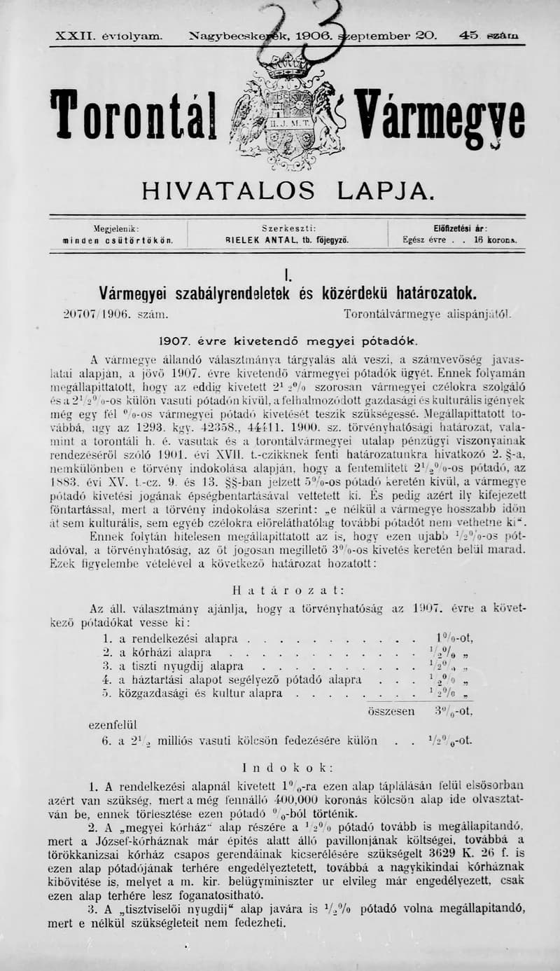 Torontál Vármegye Hivatalos Lapja, 22. évf. 1906. szeptember 20. 45. sz.