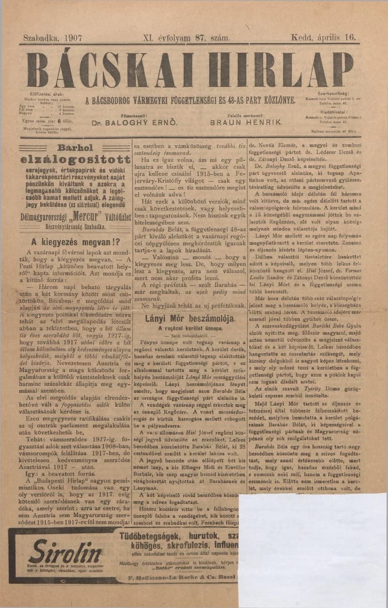 Bácskai Hirlap, 11. évf. 1907. április 16. 87. sz.