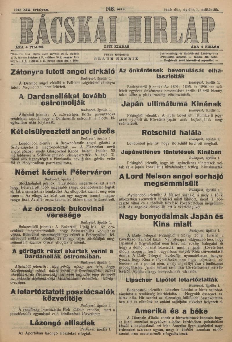 Bácskai Hirlap, 19. évf. 1915. április 1. 148. sz.