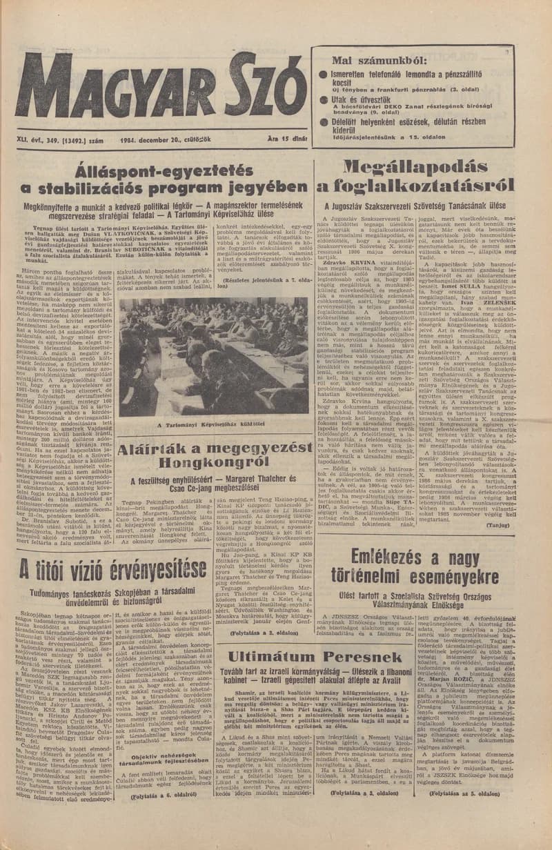 Magyar Szó, 41. évf. 1984. december 20. 349. sz. 1–20. oldal