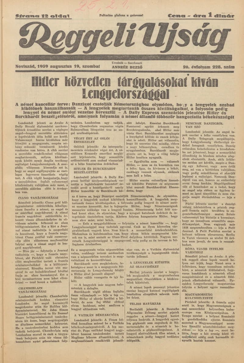 Reggeli Újság, 20. évf. 1939. augusztus 19. 228. sz.