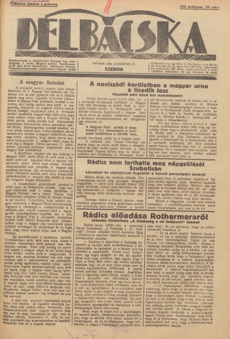 Délbácska, 8. évf. 1927. augusztus 17. 188. sz.