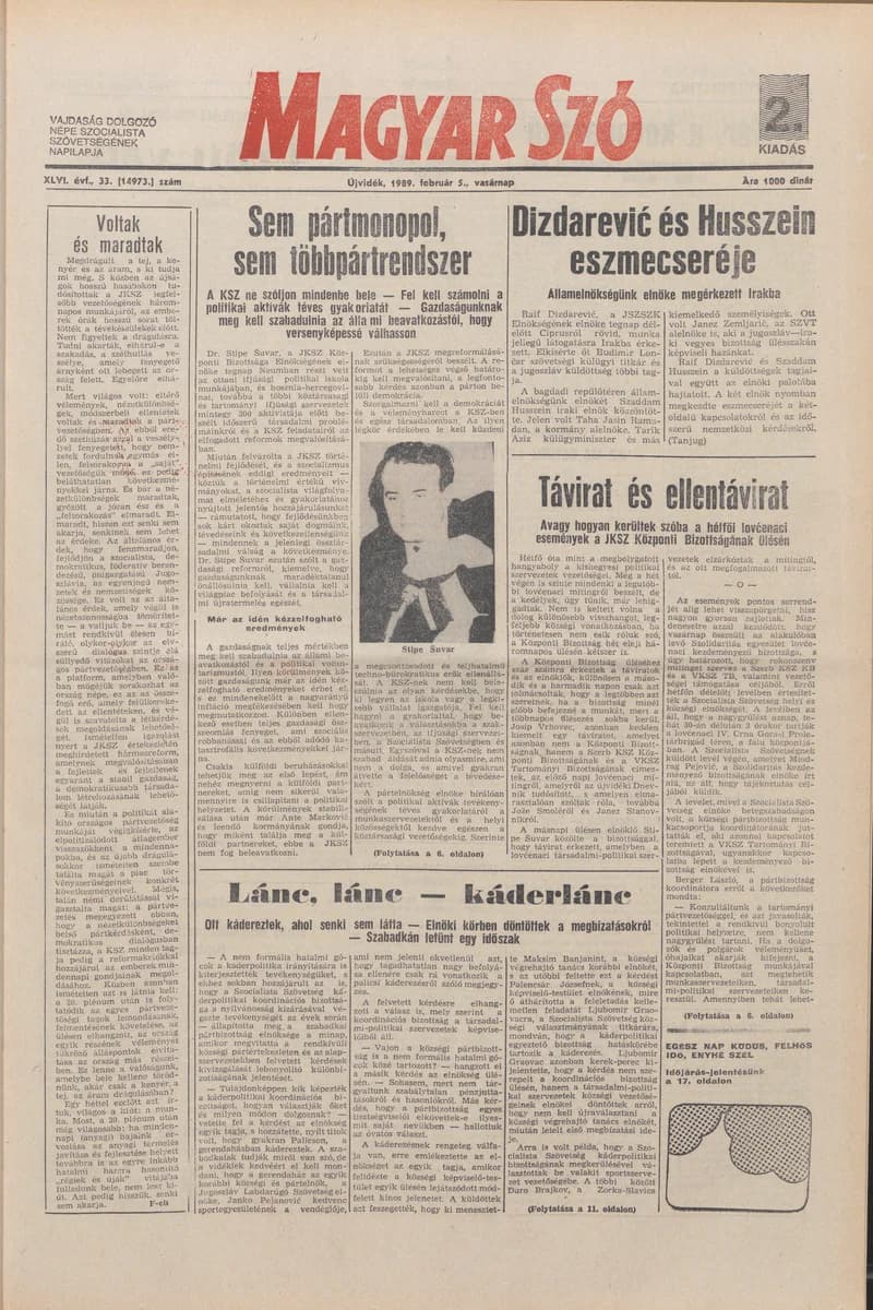 Magyar Szó, 46. évf. 1989. február 5. 33. sz. 1–36. oldal