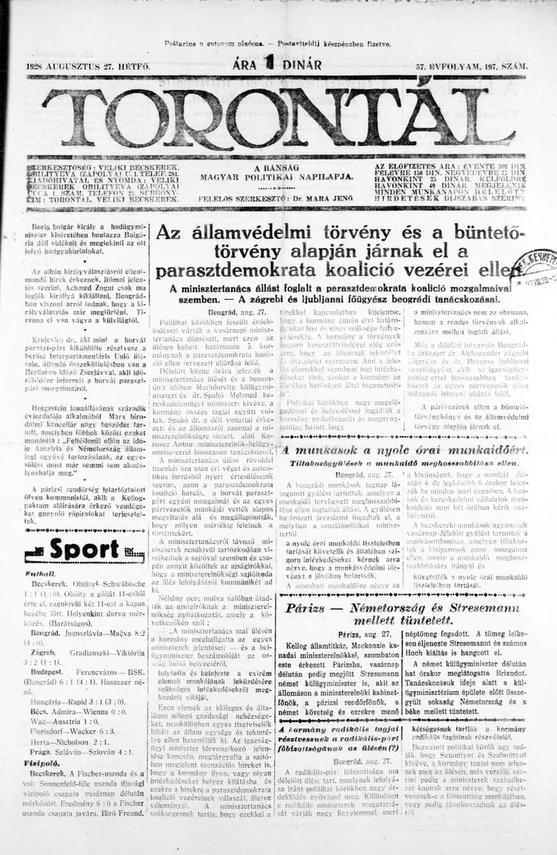 Torontál, 57. évf. 1928. augusztus 27. 197. sz.