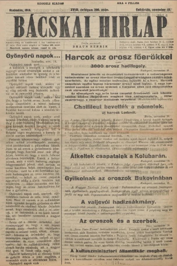 Bácskai Hirlap, 18. évf. 1914. november 19. 306. sz.