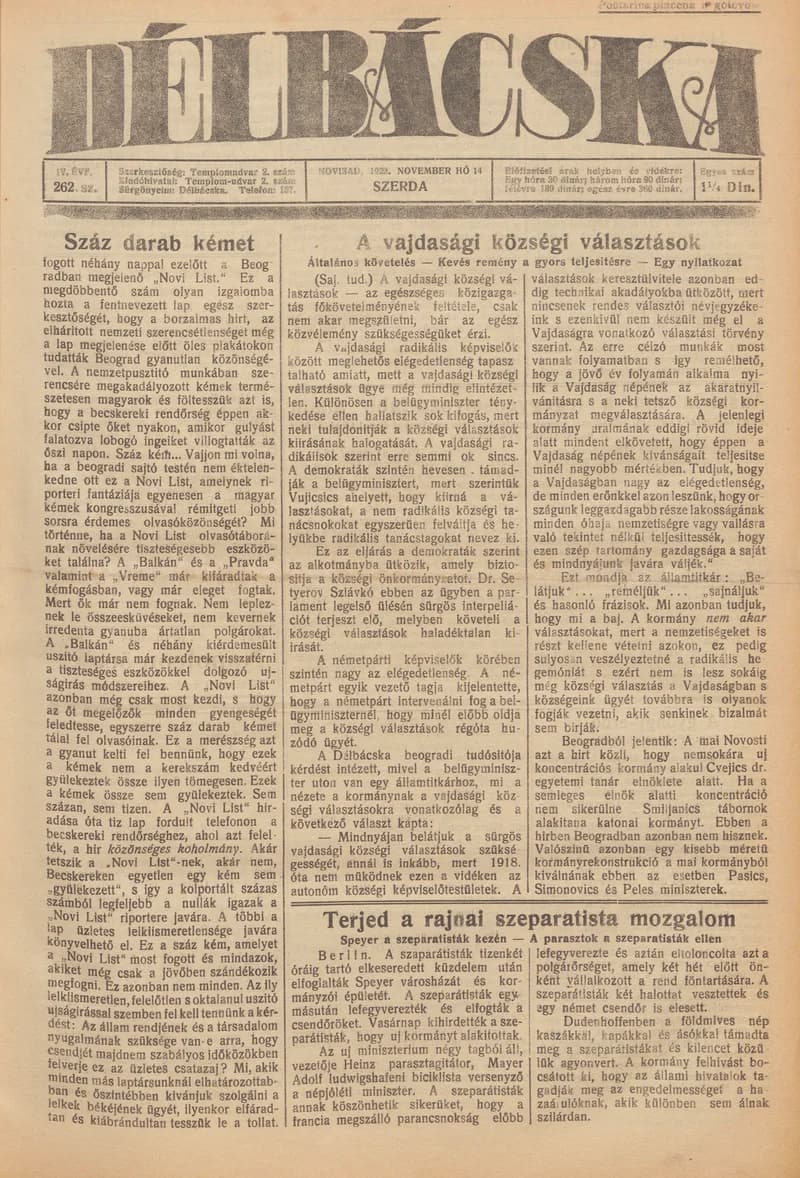 Délbácska, 4. évf. 1923. november 14. 262. sz.