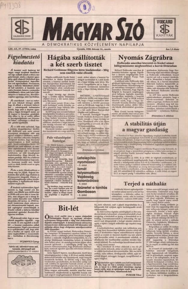 Magyar Szó, 53. évf. 1996. február 14. 37. sz. 1–16. oldal