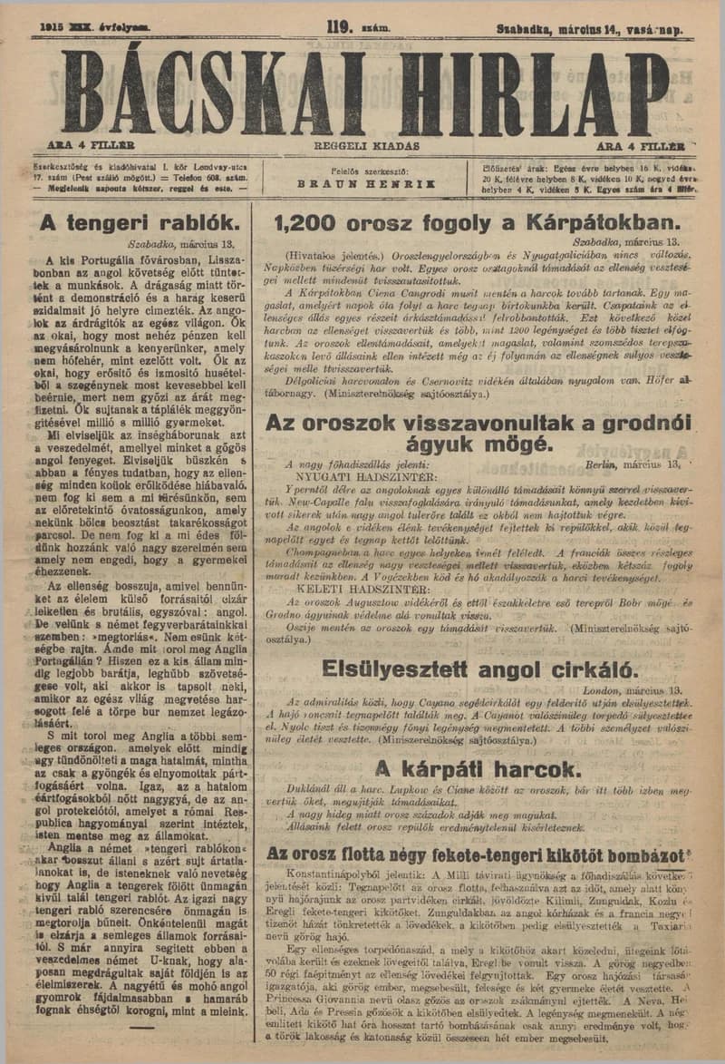 Bácskai Hirlap, 19. évf. 1915. március 14. 119. sz.