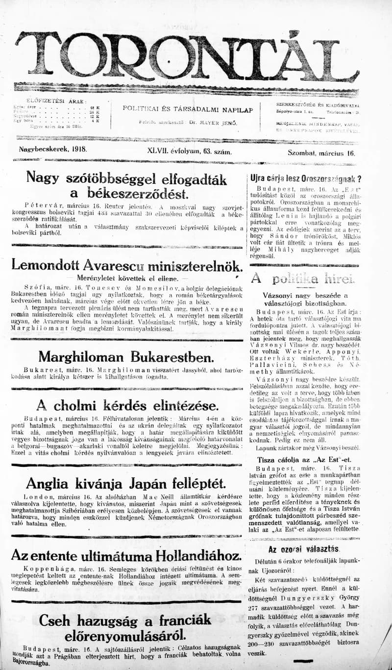 Torontál, 47. évf. 1918. március 16. 63. sz.
