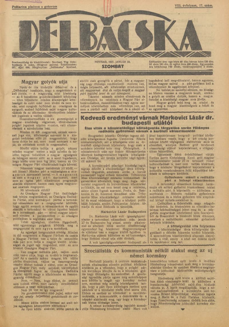 Délbácska, 8. évf. 1927. január 22. 17. sz.