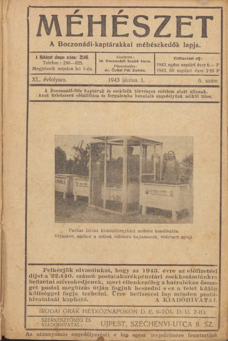 Méhészet, 40. évf. 1943. június 1. 6. sz.