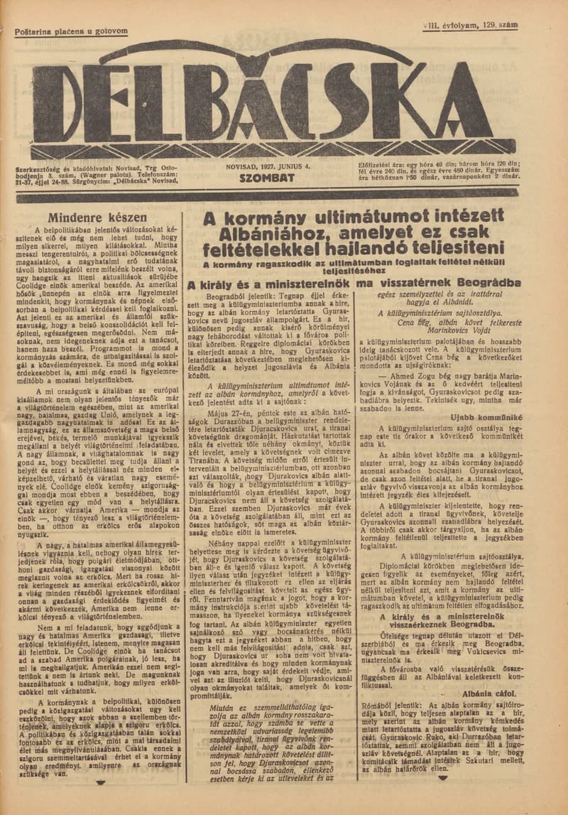 Délbácska, 8. évf. 1927. június 4. 129. sz.