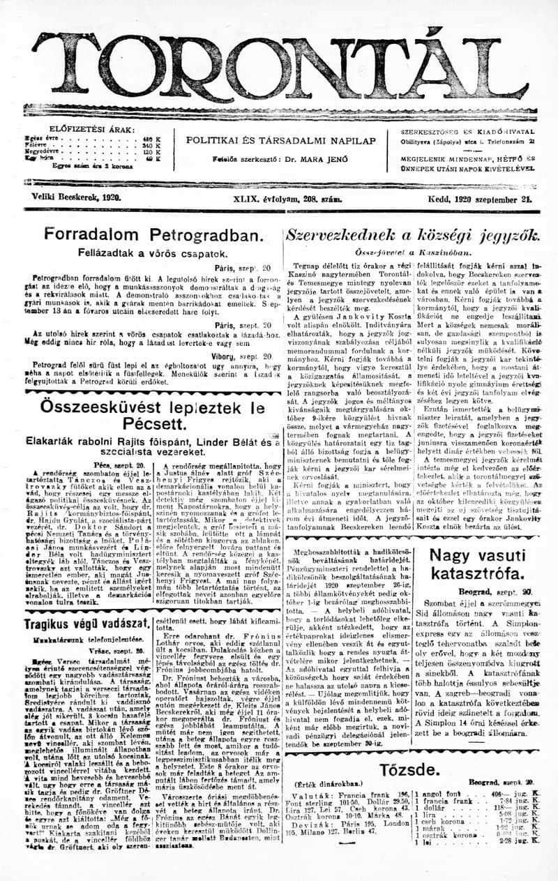Torontál, 49. évf. 1920. szeptember 21. 208. sz.