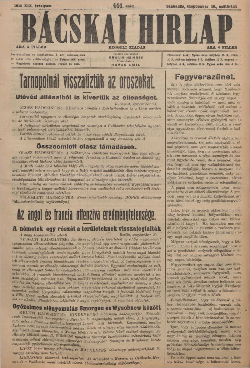 Bácskai Hirlap, 19. évf. 1915. szeptember 30. 444. sz.