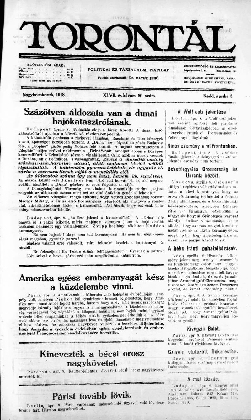 Torontál, 47. évf. 1918. április 8. 80. sz.