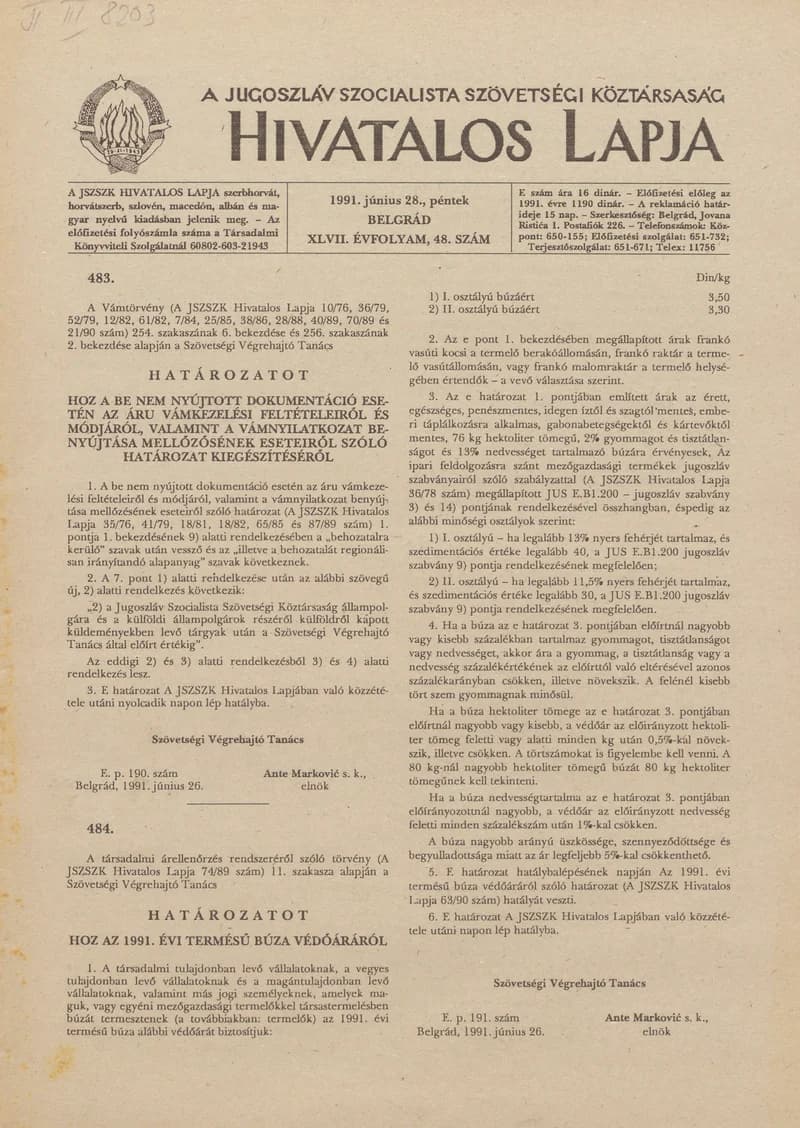 A Jugoszláv Szocialista Szövetségi Köztársaság Hivatalos Lapja, 47. évf. 1991. június 28. 48. sz. 729–764. oldal