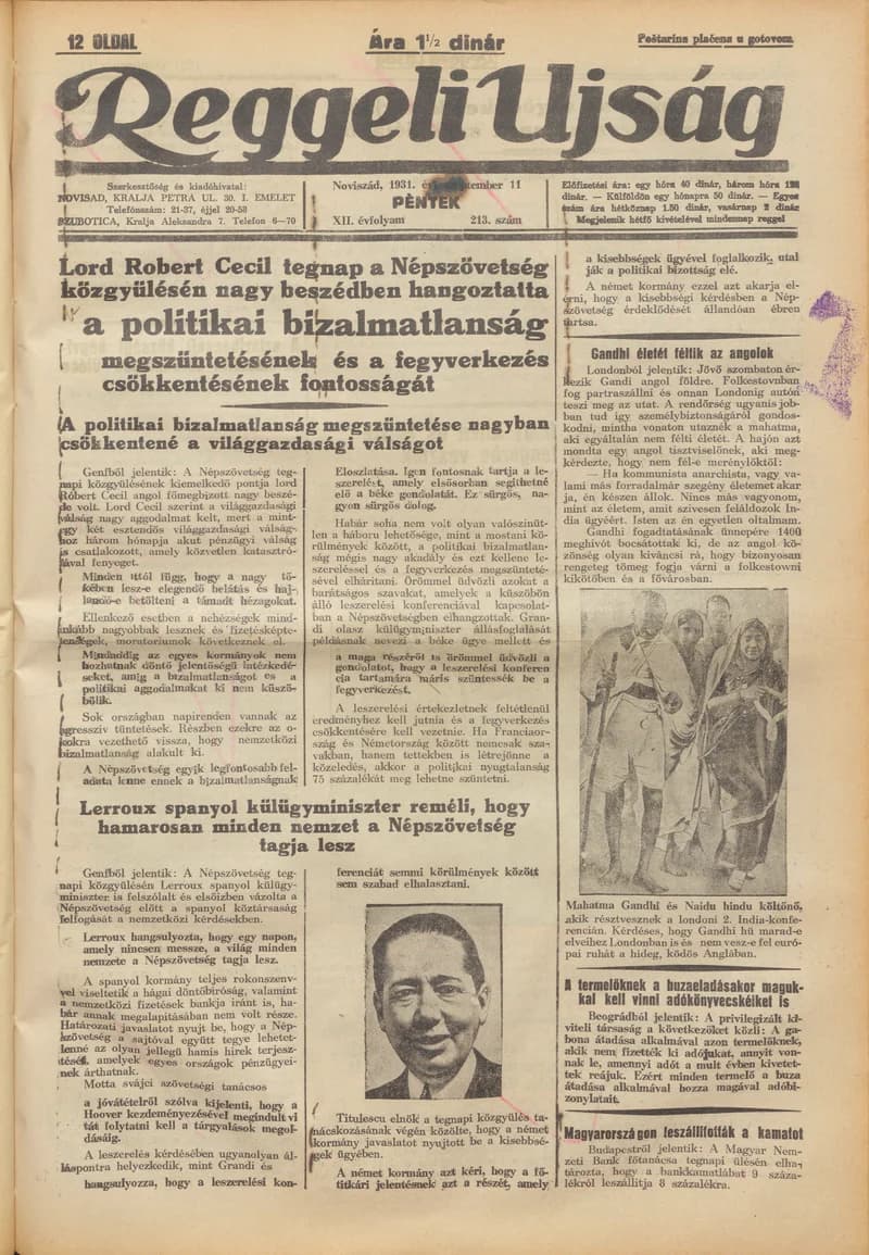 Reggeli Újság, 12. évf. 1931. szeptember 11. 213. sz.