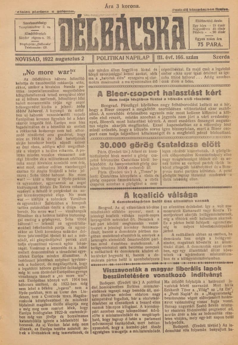 Délbácska, 3. évf. 1922. augusztus 2. 166. sz.