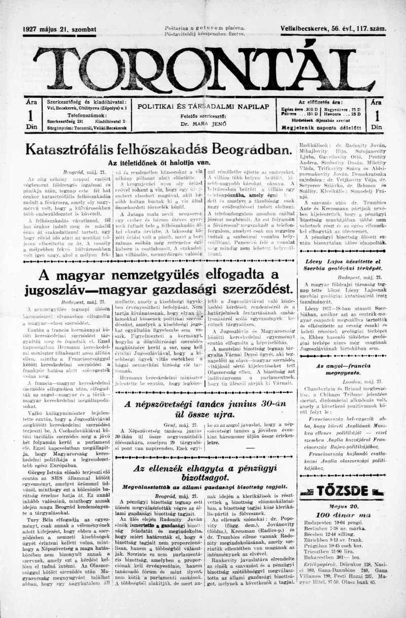 Torontál, 56. évf. 1927. május 21. 117. sz.