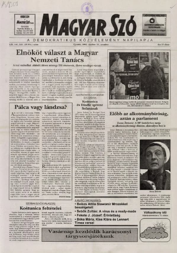 Magyar Szó, 59. évf. 2002. október 19. 248. sz. 1–16. oldal