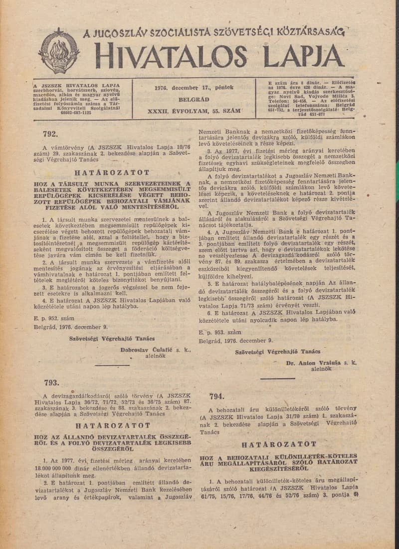 A Jugoszláv Szocialista Szövetségi Köztársaság Hivatalos Lapja, 32. évf. 1976. december 17. 55. sz. 1685–1716. oldal
