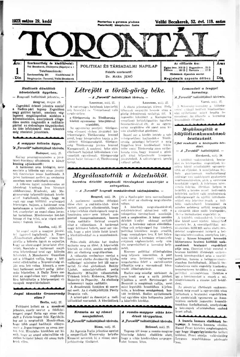 Torontál, 52. évf. 1923. május 29. 118. sz.