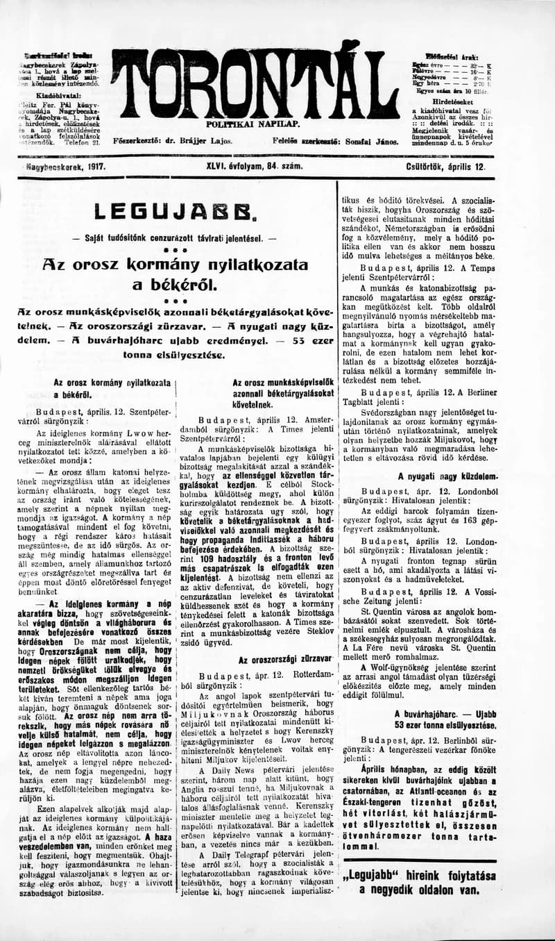 Torontál, 46. évf. 1917. április 12. 84. sz.