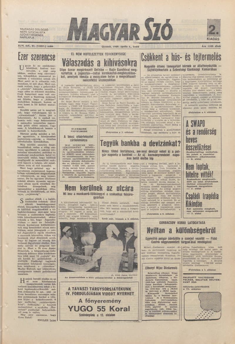 Magyar Szó, 46. évf. 1989. április 4. 91. sz. 1–20. oldal