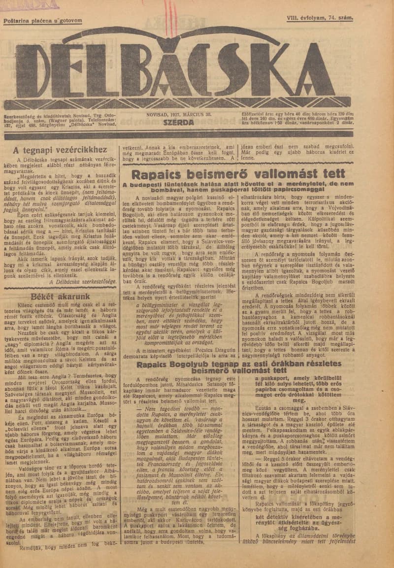 Délbácska, 8. évf. 1927. március 30. 74. sz.