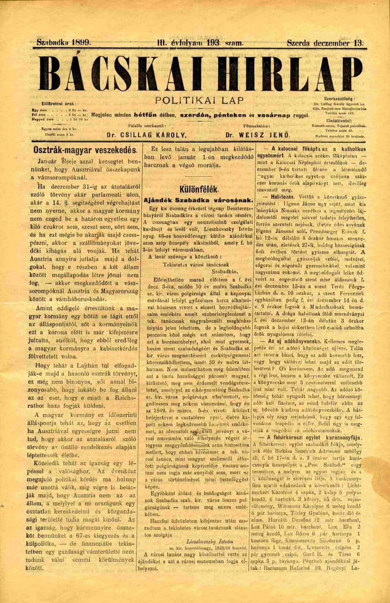 Bácskai Hirlap, 3. évf. 1899. december 13. 193. sz.