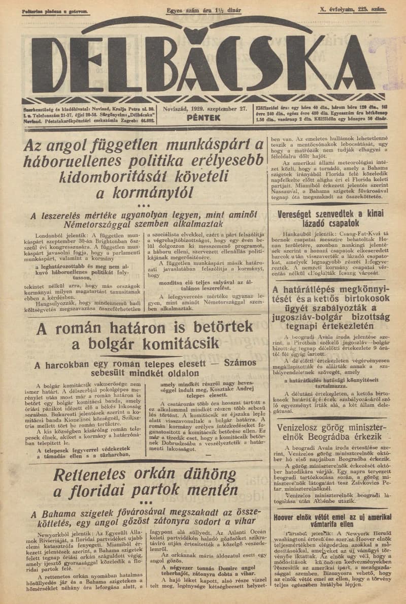 Délbácska, 10. évf. 1929. szeptember 27. 225. sz.