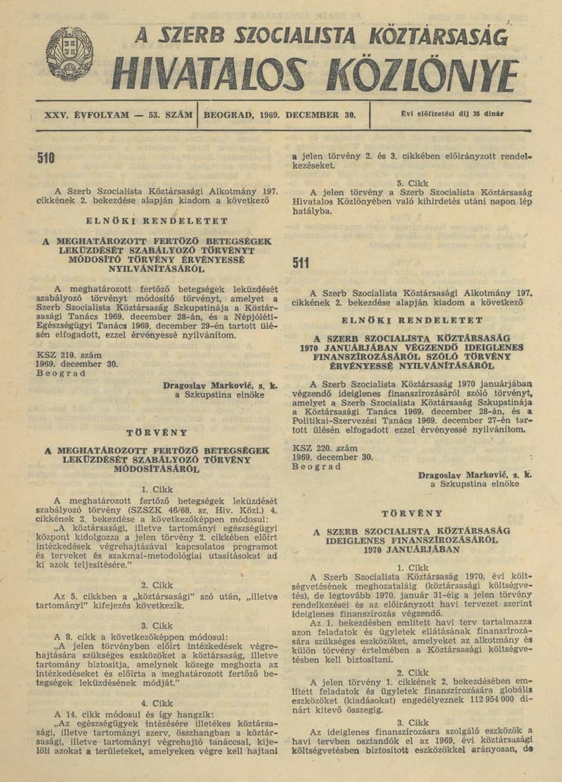 A Szerb Szocialista Köztársaság Hivatalos Közlönye, 25. évf. 1969. december 30. 53. sz. 1265–1280. oldal