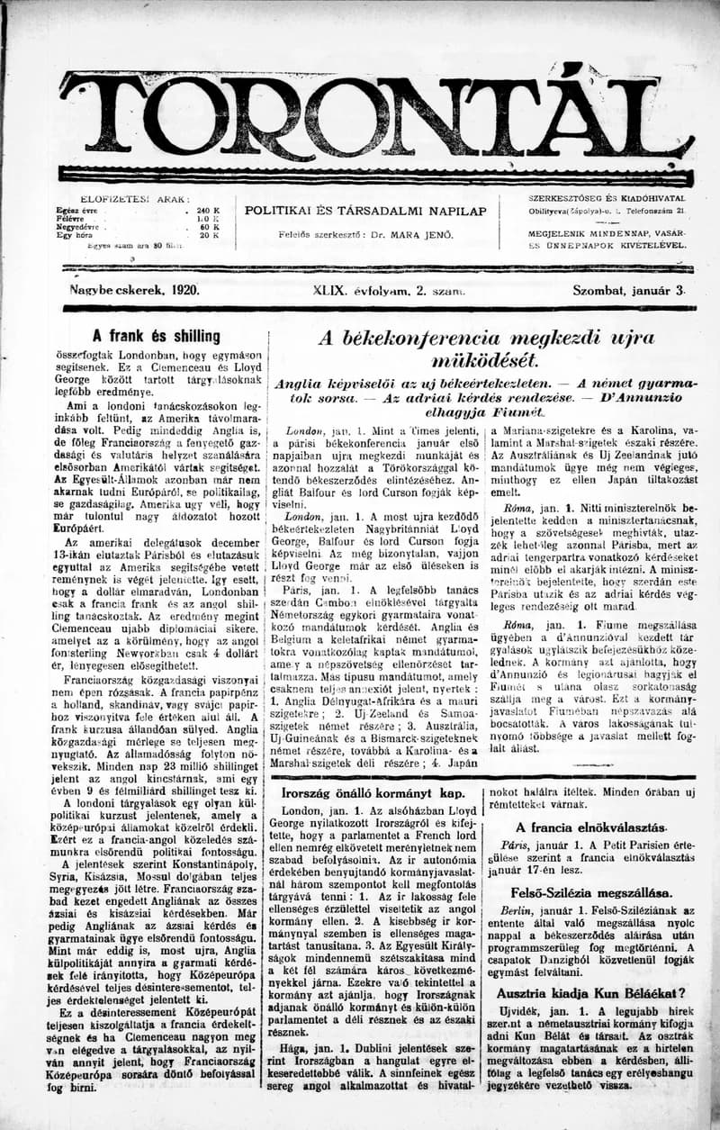 Torontál, 49. évf. 1920. január 3. 2. sz.