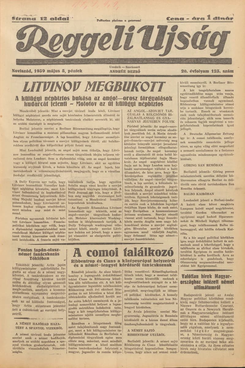 Reggeli Újság, 20. évf. 1939. május 5. 123. sz.